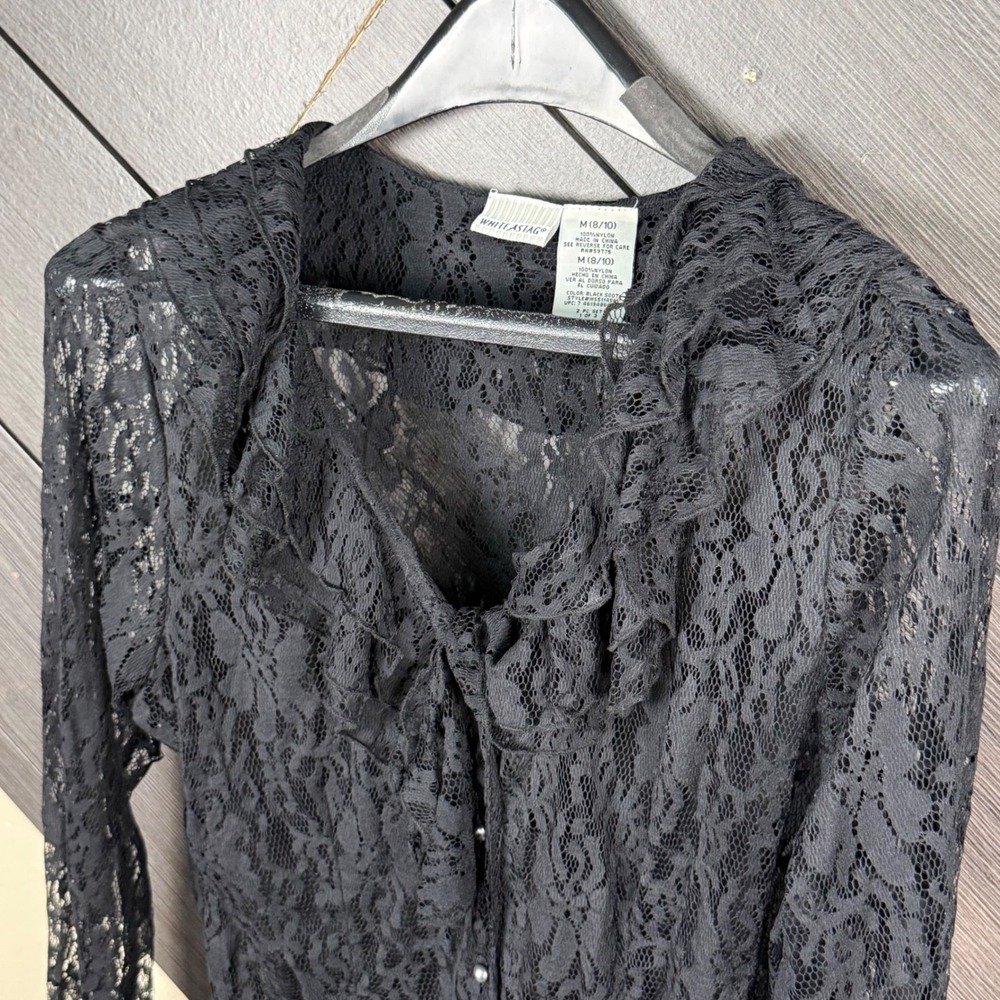 White Stag Women's Med Whimsigoth Black Lace Button Up Blouse Bell Sleeve Y2K - Picture 4 of 7